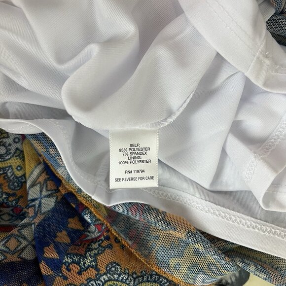 One World Tunic Tank Top Small Medium XL Mesh Overlay Blue Orange Rhinestone Art - Picture 9 of 11